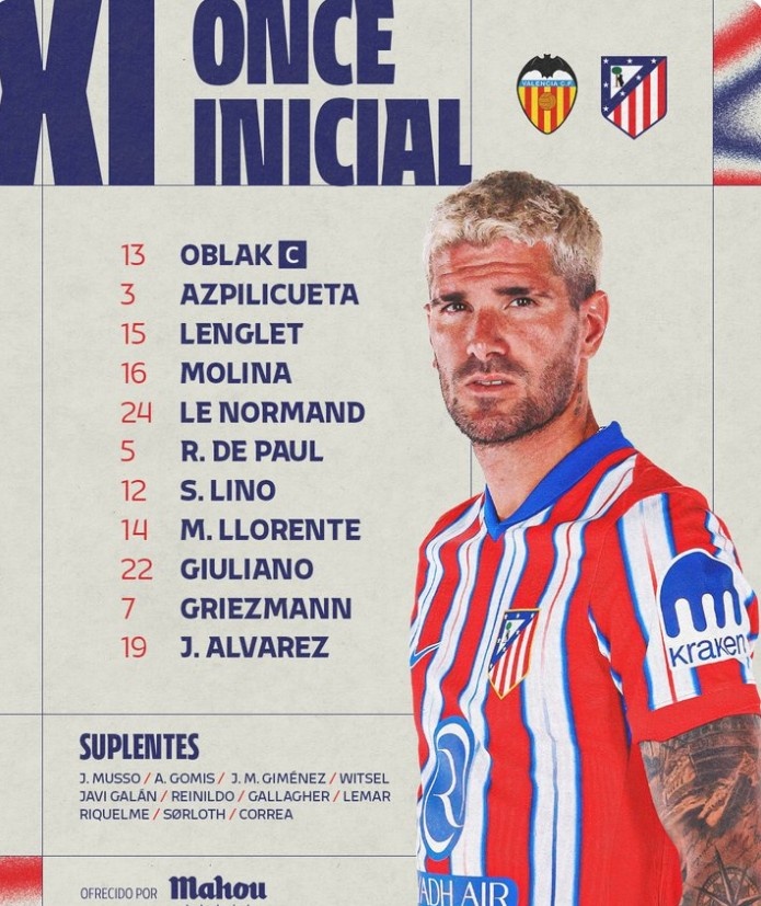 馬競客戰(zhàn)瓦倫西亞首發(fā)：格列茲曼領銜，小蜘蛛、小西蒙尼在列