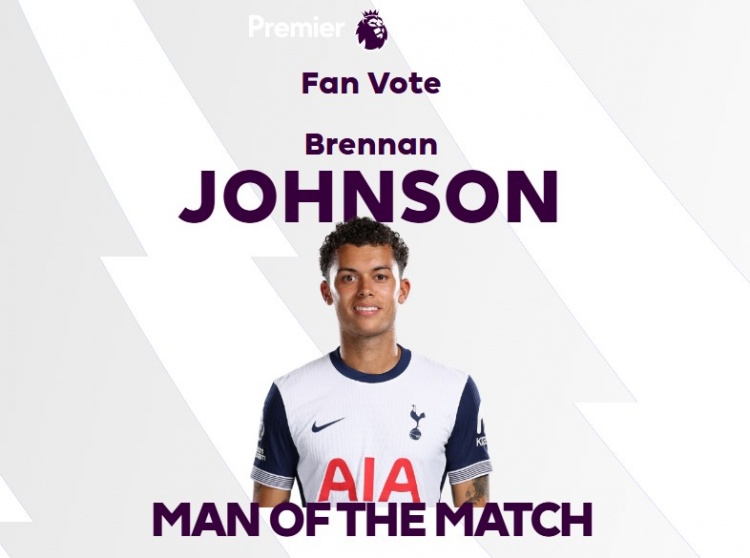 梅開二度！官方：布倫南-約翰遜當選熱刺4-1伊普斯維奇全場最佳