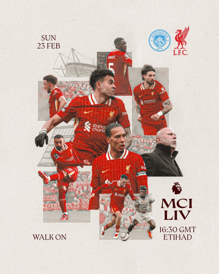 利物浦發(fā)布客戰(zhàn)曼城海報(bào)：斯洛特、范迪克、薩拉赫、迪亞斯出鏡
