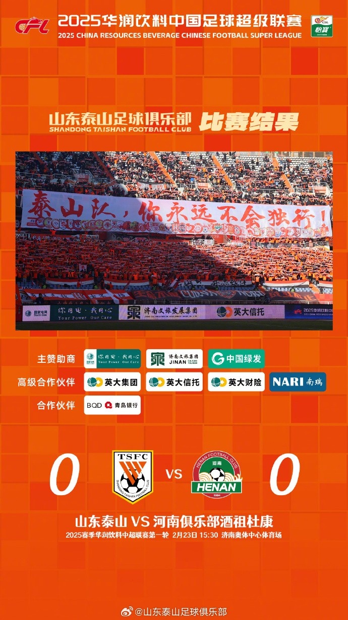 中超首戰(zhàn)，泰山隊(duì)雖未取勝，但全隊(duì)展現(xiàn)出了頑強(qiáng)的拼搏精神