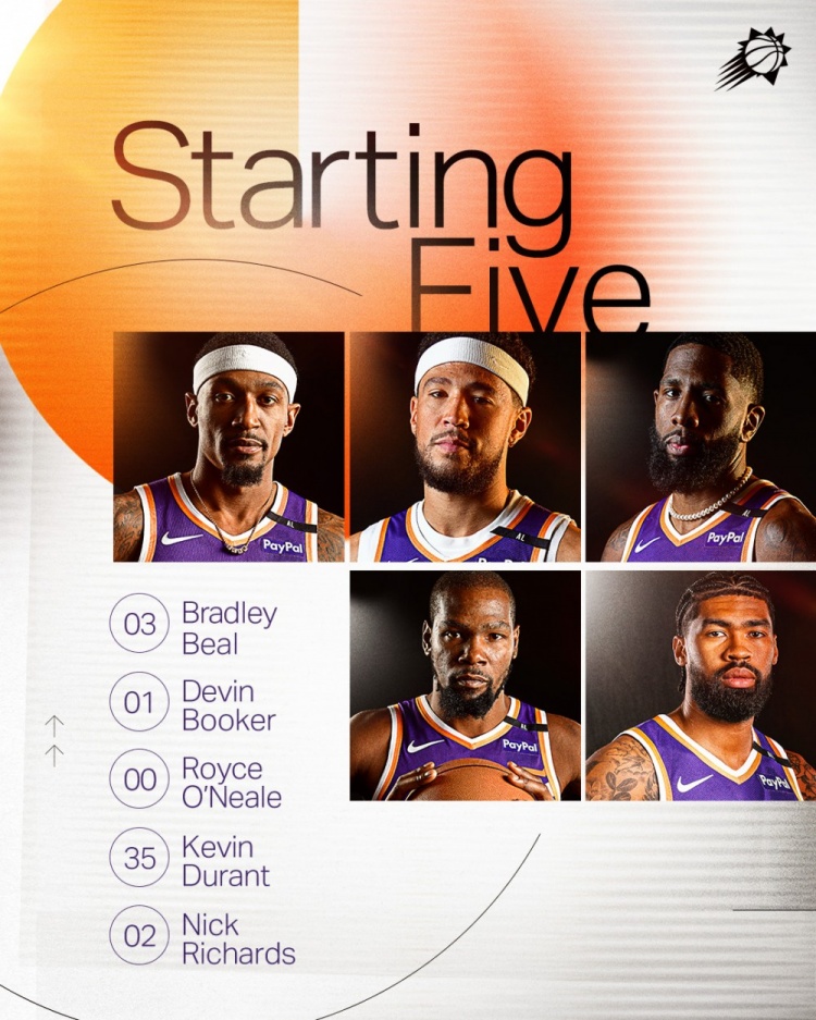 今日對(duì)陣猛龍！太陽(yáng)首發(fā)：比爾、KD、布克、R-奧尼爾、理查茲