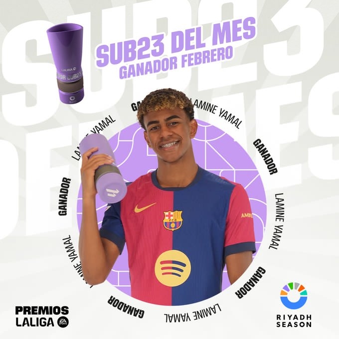 本賽季第2次獲獎！官方：17歲亞馬爾當選西甲2月最佳U23球員