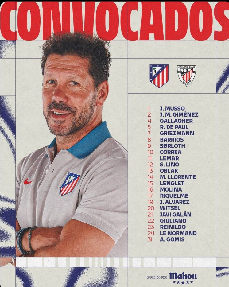 馬競公布對陣畢爾巴鄂競技名單：格列茲曼領(lǐng)銜，阿爾瓦雷斯在列