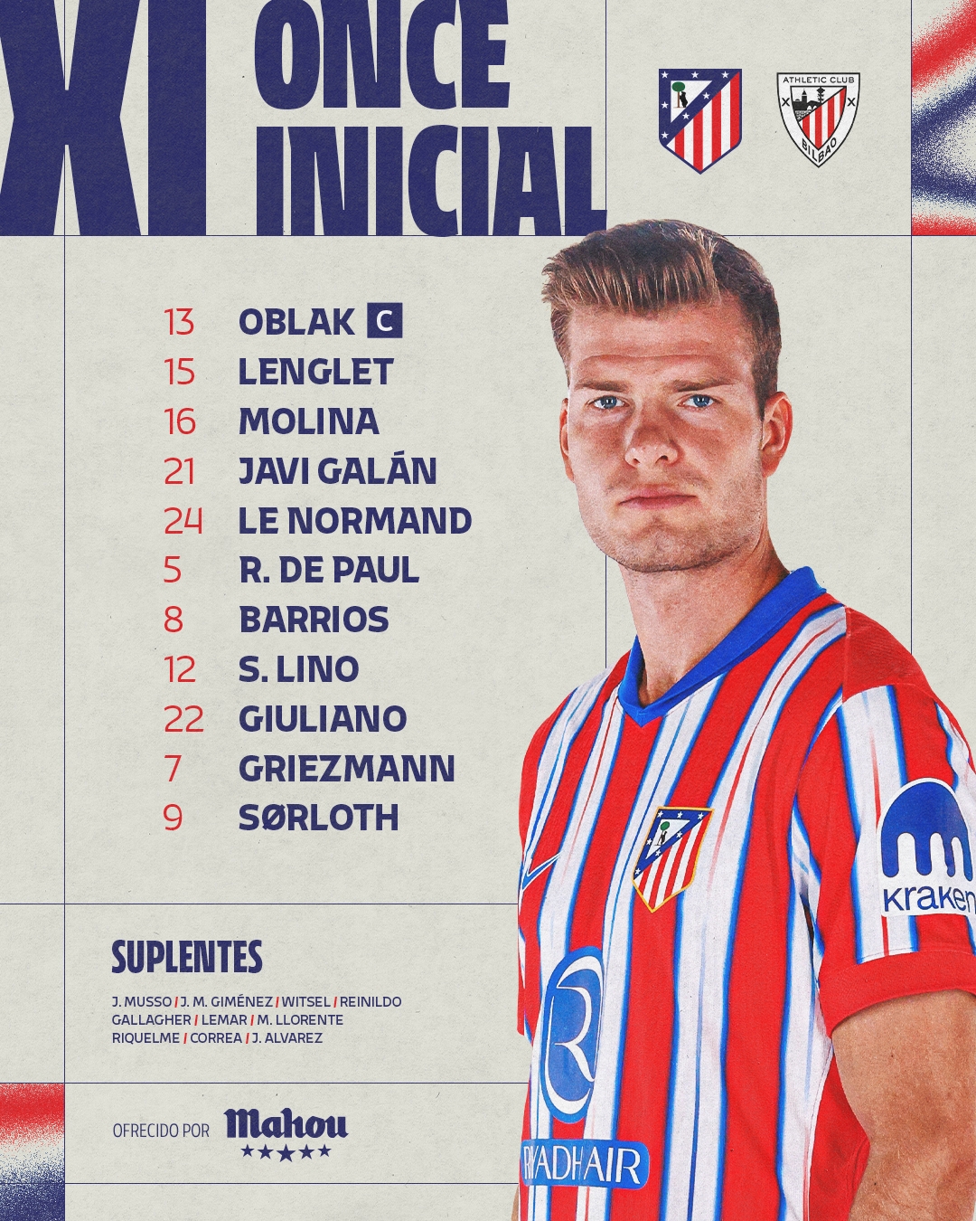 馬競vs畢巴首發(fā)：格列茲曼、索爾洛特領銜，阿爾瓦雷斯替補