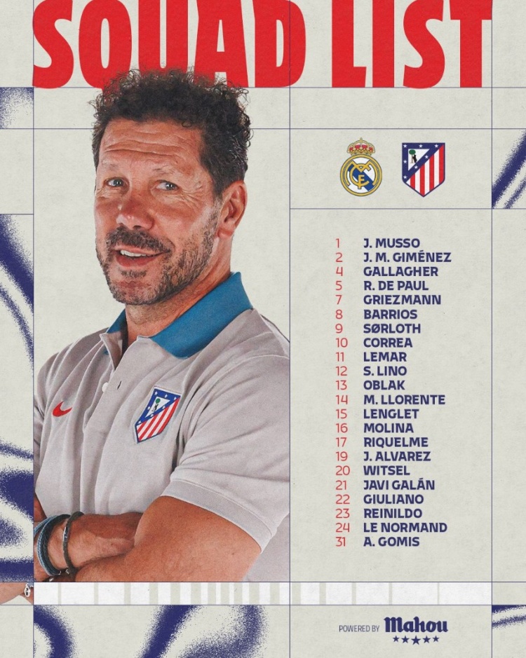 馬競公布戰(zhàn)皇馬名單：小蜘蛛&格列茲曼領(lǐng)銜鋒線，德保羅坐鎮(zhèn)中場