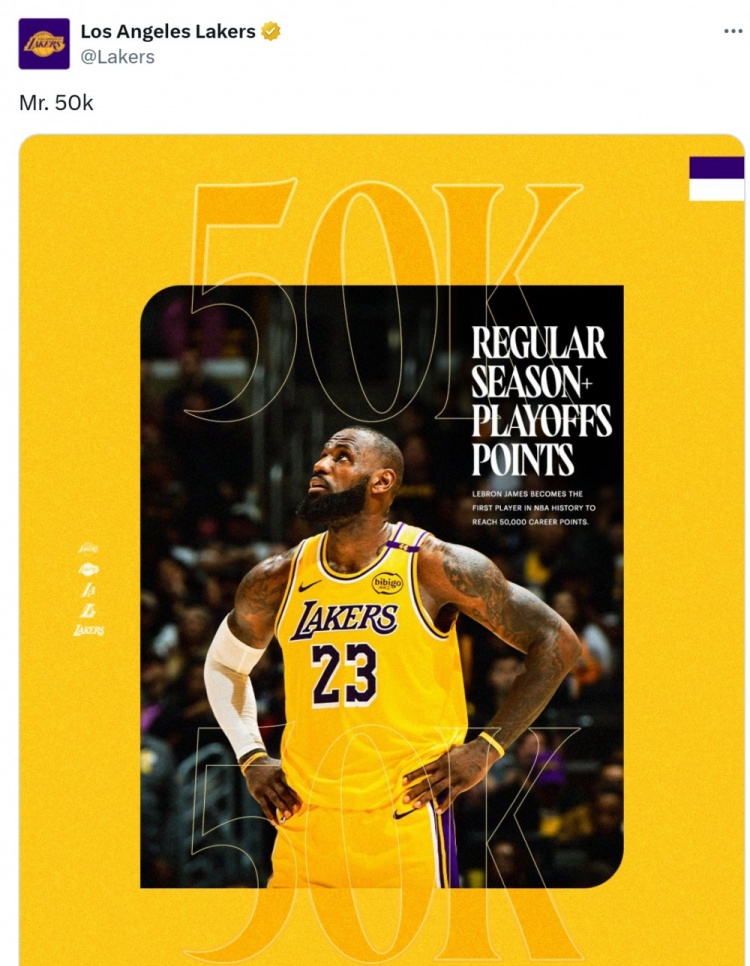 詹姆斯生涯50000分！湖人官方曬照：五萬(wàn)分先生