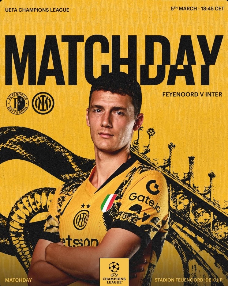 國米發(fā)布本輪歐冠對陣費耶諾德海報，帕瓦爾單人出鏡