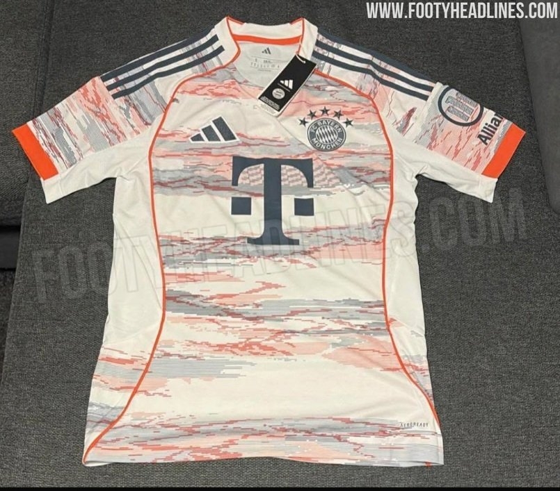 拜仁25-26賽季客場球衣曝光，白色搭配紅色灰色抽象圖案