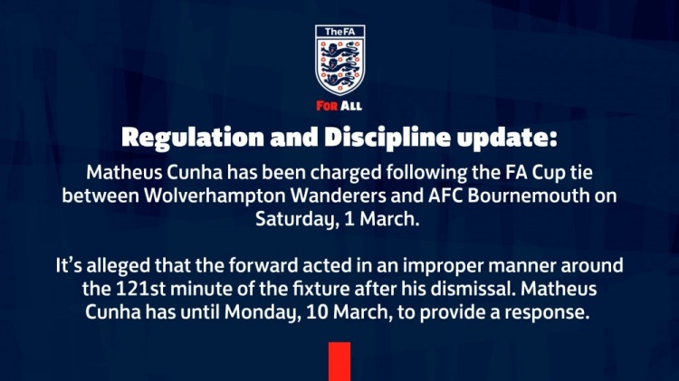 英足總官方：庫尼亞在足總杯被罰下后行為不當(dāng)，對他提出指控