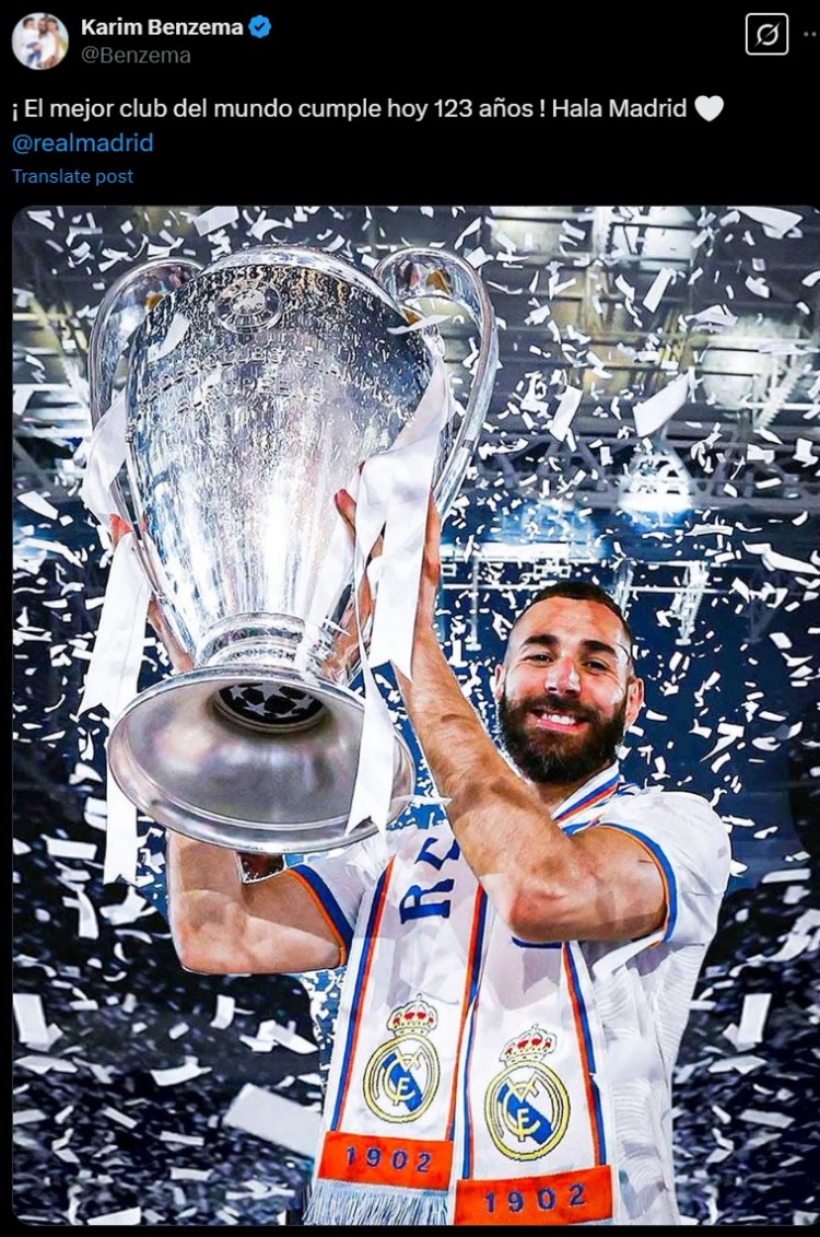 不忘舊主！本澤馬社媒曬昔日捧杯照紀念皇馬成立123周年