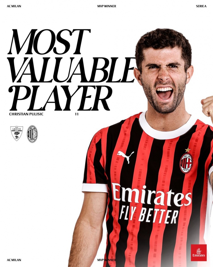 梅開二度助球隊(duì)逆轉(zhuǎn)，普利西奇當(dāng)選與萊切一役米蘭隊(duì)內(nèi)最佳球員