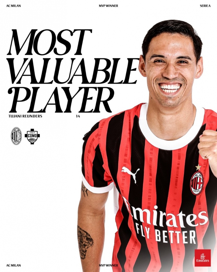 對(duì)陣科莫傳射建功，賴(lài)因德斯當(dāng)選本場(chǎng)比賽米蘭隊(duì)內(nèi)最佳球員