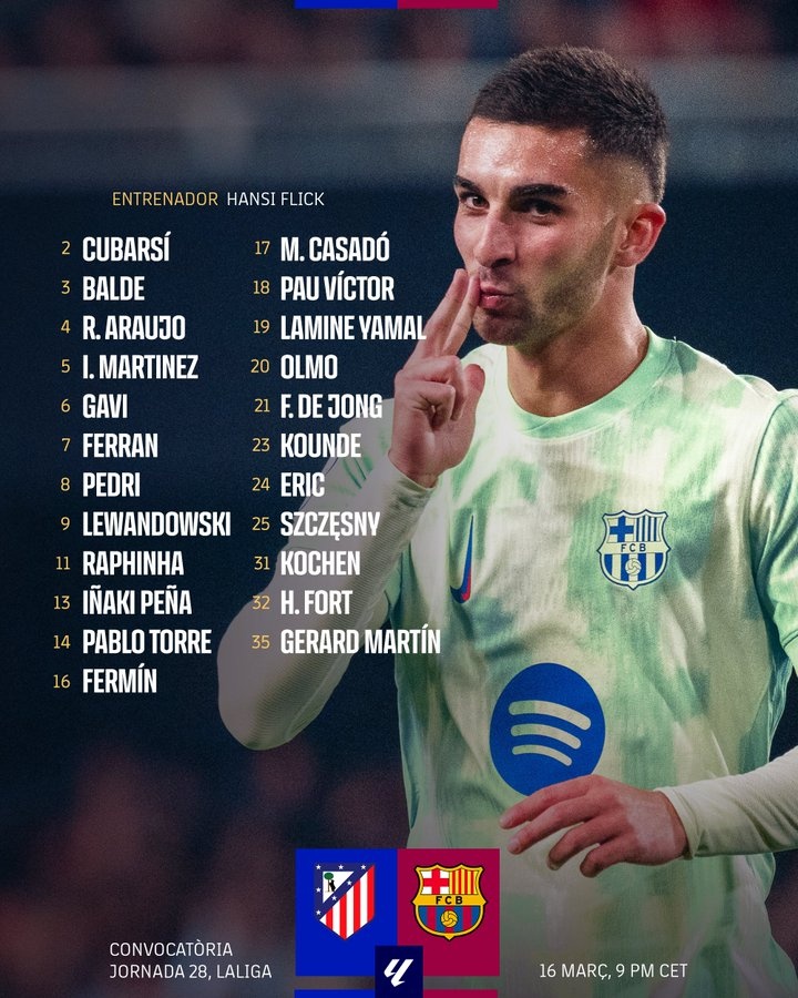 焦點(diǎn)大戰(zhàn)！巴薩客戰(zhàn)馬競(jìng)名單公布：亞馬爾、萊萬(wàn)、佩德里領(lǐng)銜