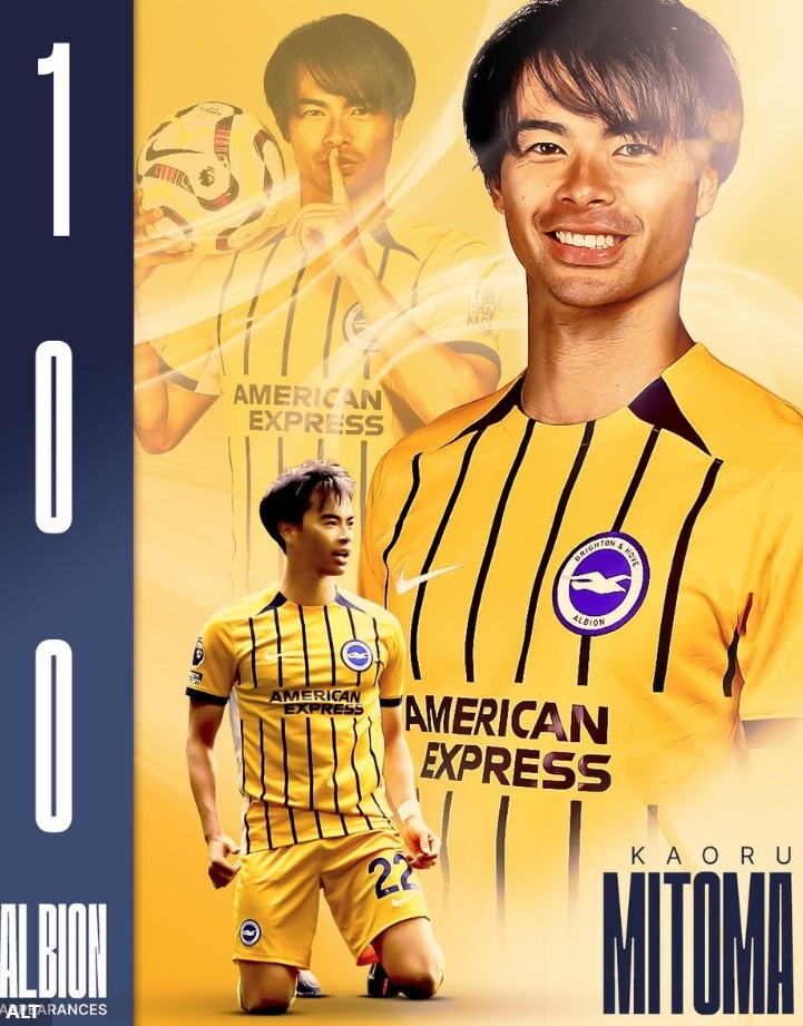 21球15助，布萊頓官方曬海報(bào)祝賀三笘薫達(dá)成100次出場(chǎng)里程碑