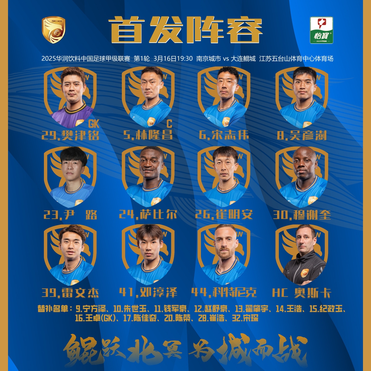 2025賽季中甲聯(lián)賽首輪，大連鯤城客場(chǎng)對(duì)陣南京城市首發(fā)出爐！