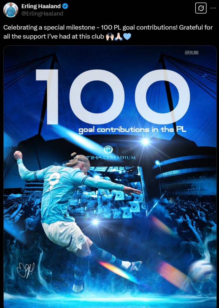 英超參與100球，哈蘭德社媒曬海報：紀念達成這一特殊的里程碑！