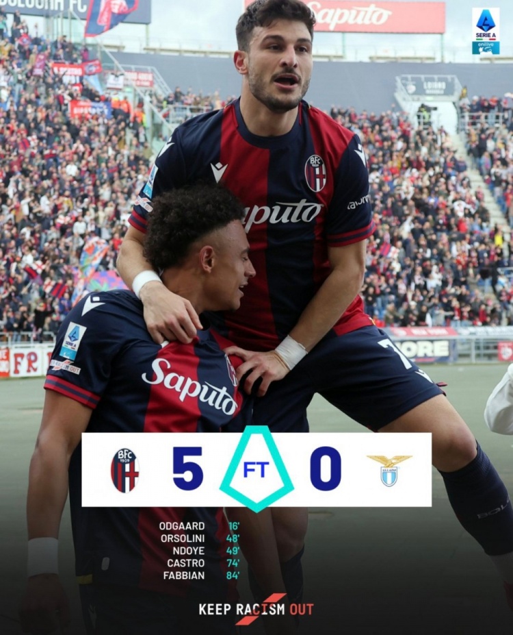 意甲爭四關(guān)鍵戰(zhàn)，博洛尼亞5球狂勝拉齊奧，積分反超尤文升第四