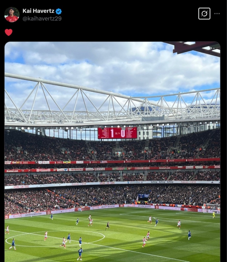 心系球隊?哈弗茨賽后曬比分牌，慶祝阿森納擊敗老東家切爾西