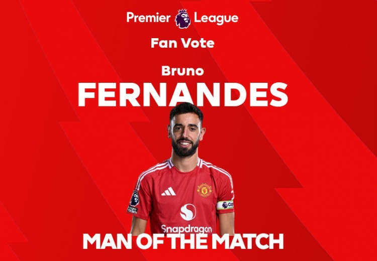 1射2傳，英超官方：B費(fèi)當(dāng)選曼聯(lián)3-0萊斯特城全場最佳