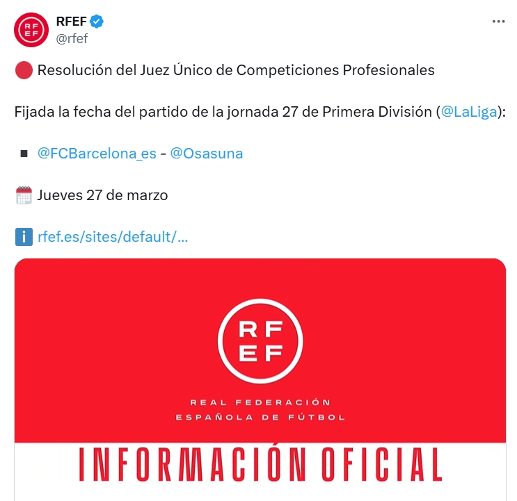 此前因巴薩隊醫(yī)去世延期！官方：巴薩vs奧薩蘇納補賽3月27日進行