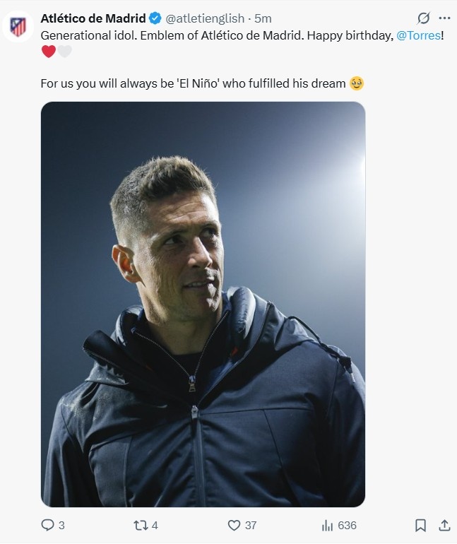 馬競官方祝托雷斯41歲生日快樂：一代偶像，你永遠是我們的圣嬰