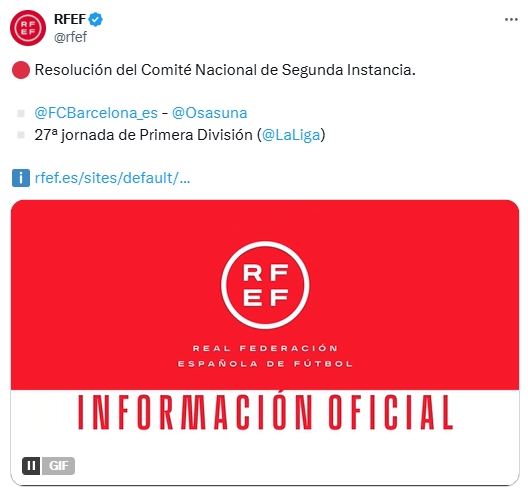 補賽仍在3月27日進行！官方：巴薩與奧薩蘇納的上訴被駁回