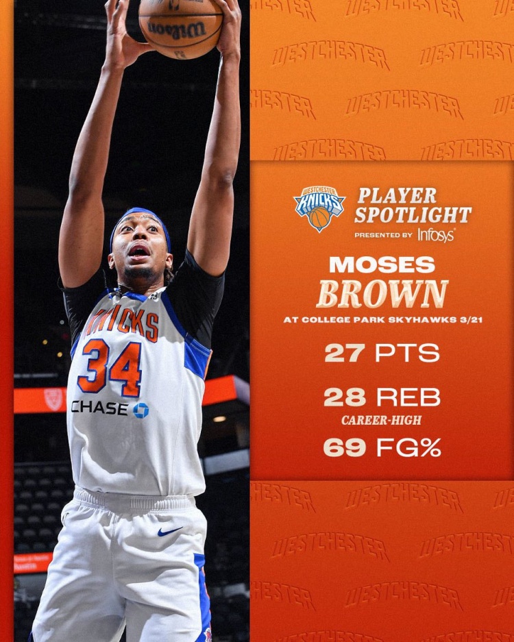 內(nèi)線大殺器！摩西-布朗今日發(fā)展聯(lián)盟比賽13中9爆砍27分28籃板