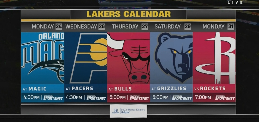 準(zhǔn)備開啟東征！湖人未來5場(chǎng)對(duì)手：魔術(shù)/步行者/公牛/灰熊/火箭