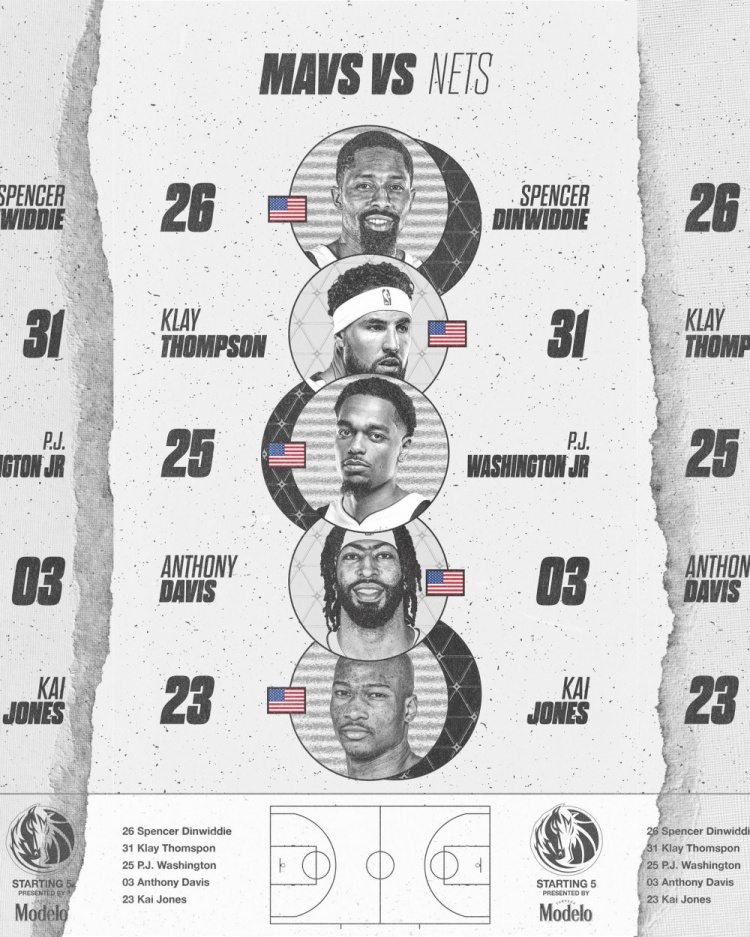 獨行俠VS籃網(wǎng)首發(fā)：濃眉復出 搭檔克萊&丁威迪&凱-瓊斯&華盛頓