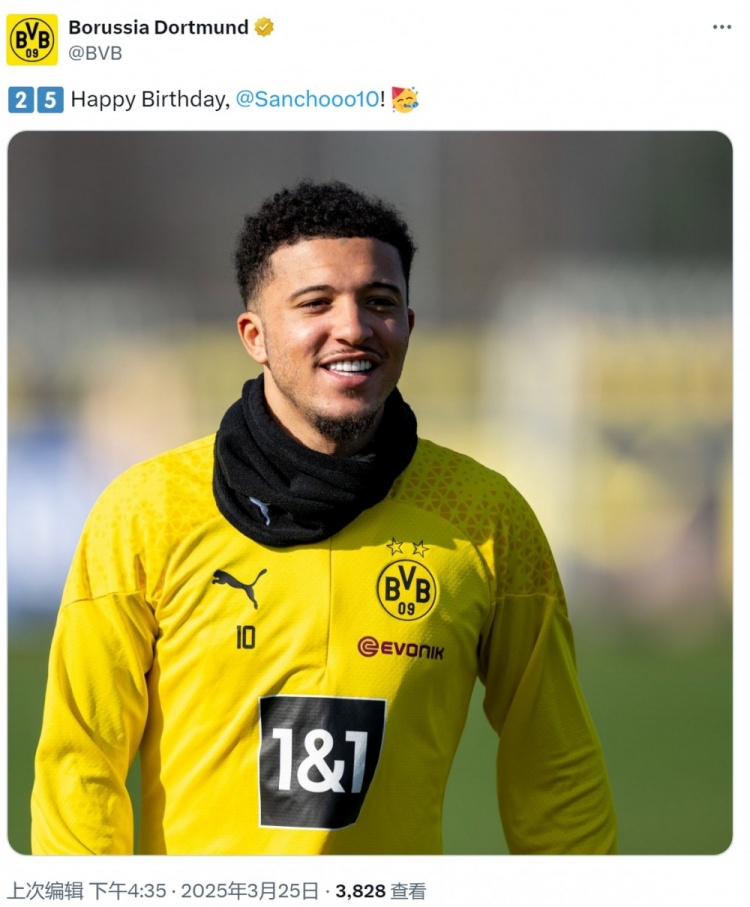 多特祝桑喬25歲生日快樂，球員效力期間出戰(zhàn)158場53球64助