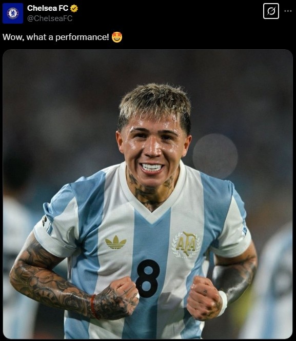 切爾西官推曬恩佐在阿根廷隊(duì)的照片：哇哦，多么出色的表現(xiàn)！