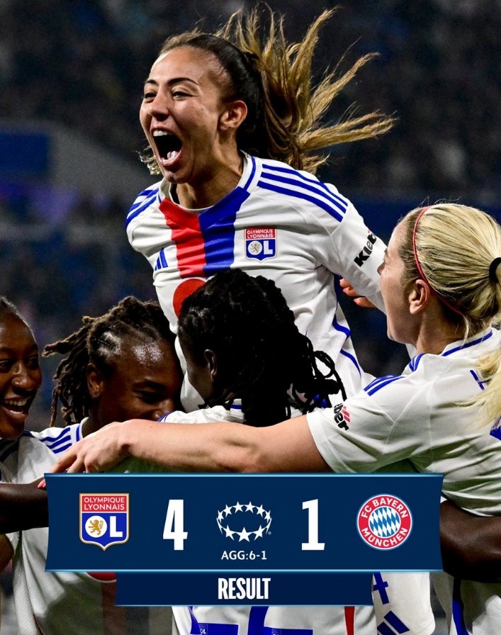 里昂女足4-1大勝拜仁女足，總比分6-1晉級(jí)女足歐冠半決賽