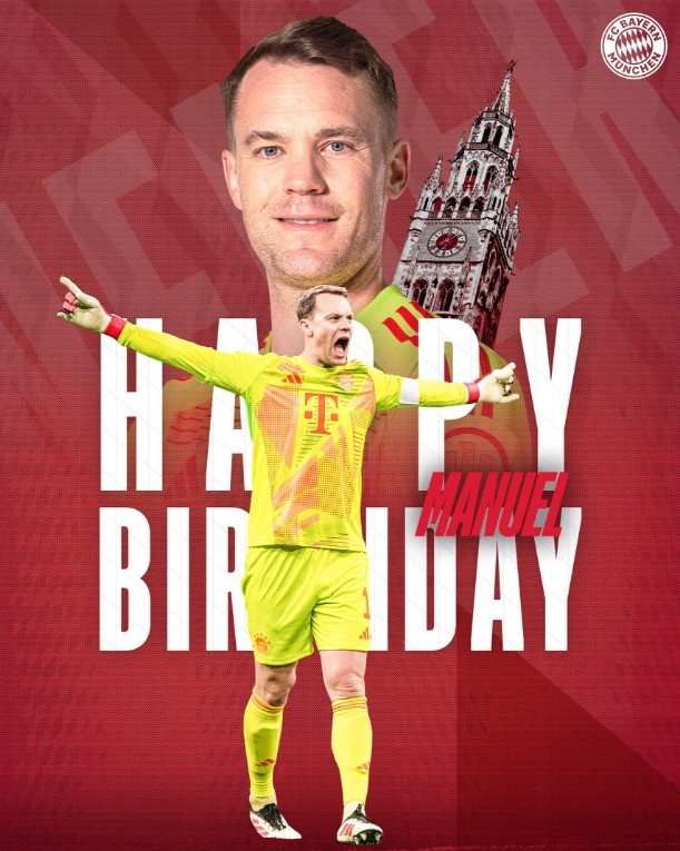 德國隊和拜仁為39歲諾伊爾慶生，他拿到過2次歐冠和1次世界杯