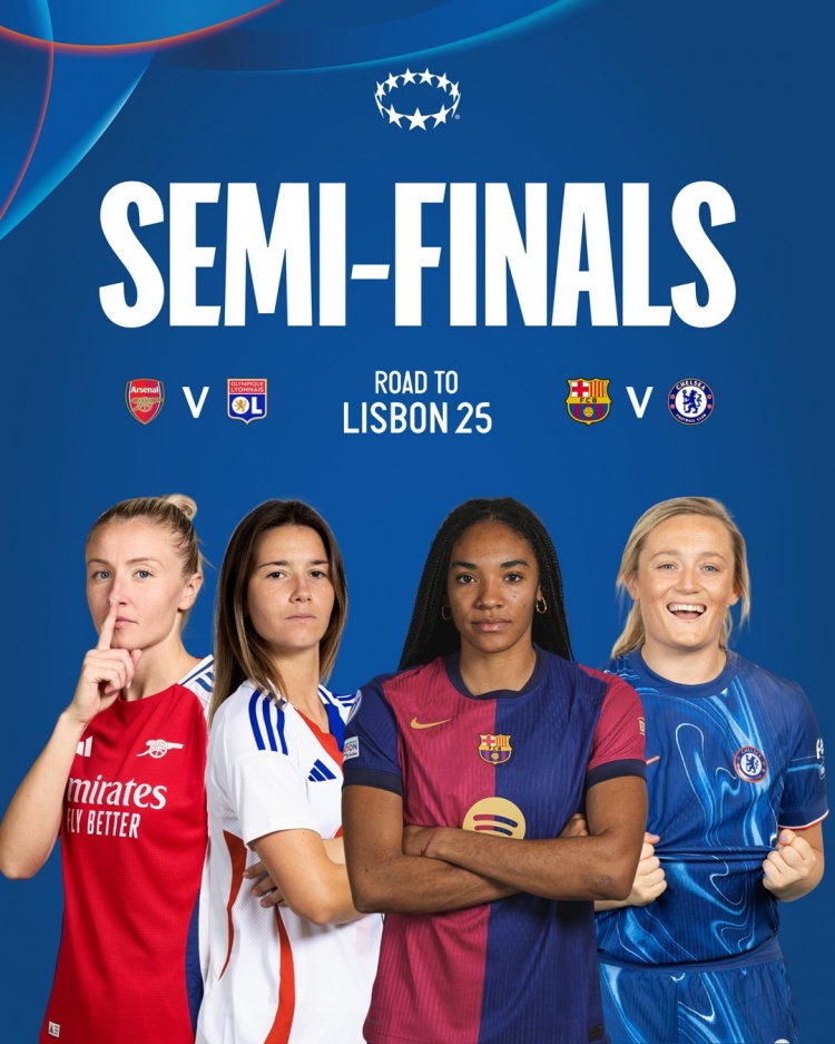 女足歐冠半決賽對陣：阿森納vs里昂，巴薩vs切爾西