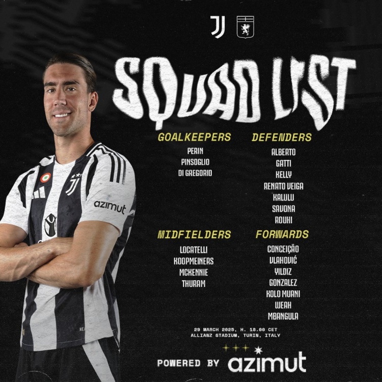 尤文對(duì)熱那亞名單：小孔塞桑、DV9在列，坎比亞索、D-路易斯缺席