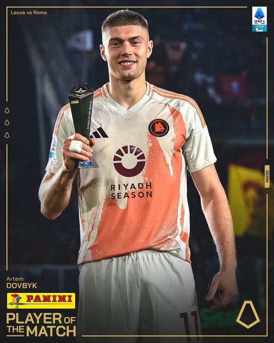 打入制勝進(jìn)球！多夫比克當(dāng)選羅馬1-0萊切一役全場(chǎng)最佳