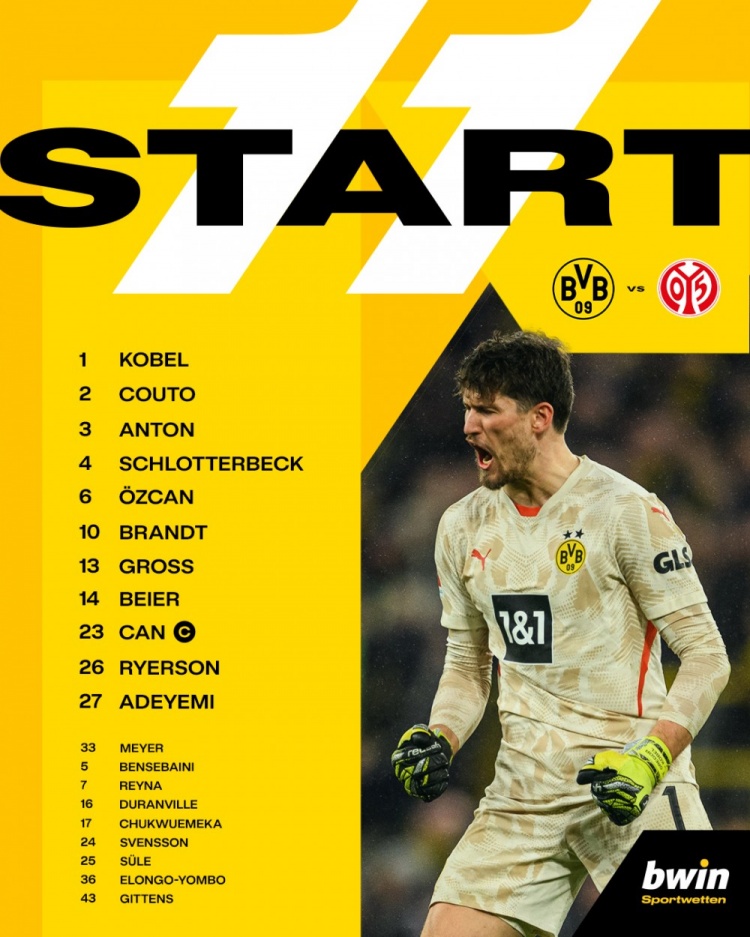 多特vs美因茨首發(fā)：阿德耶米、拜爾搭檔前鋒，布蘭特首發(fā)