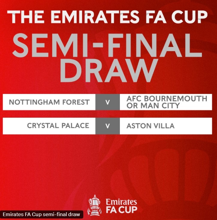 足總杯半決賽抽簽結(jié)果：曼城&伯恩茅斯勝者對(duì)森林，水晶宮vs維拉