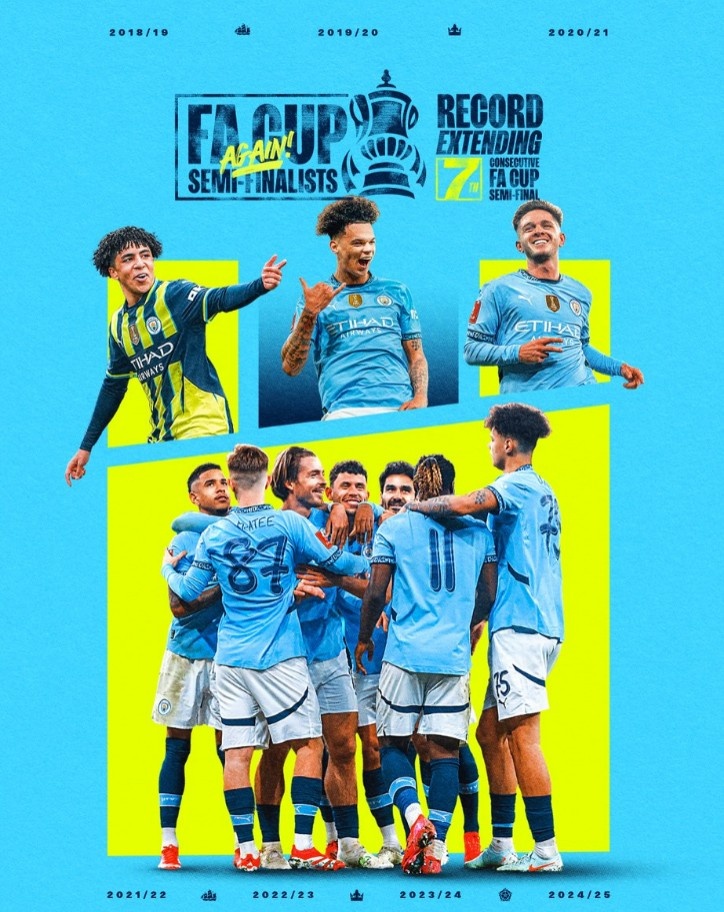 曼城連續(xù)7年晉級足總杯半決賽，創(chuàng)賽事歷史紀錄
